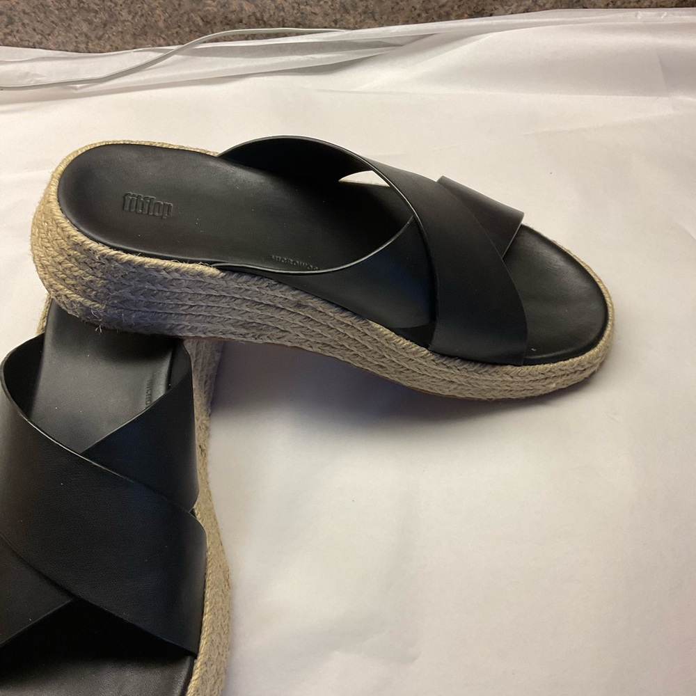 FITFLOP Black Leather Espadrille Slip on Sandals 8M - Picture 3 of 7